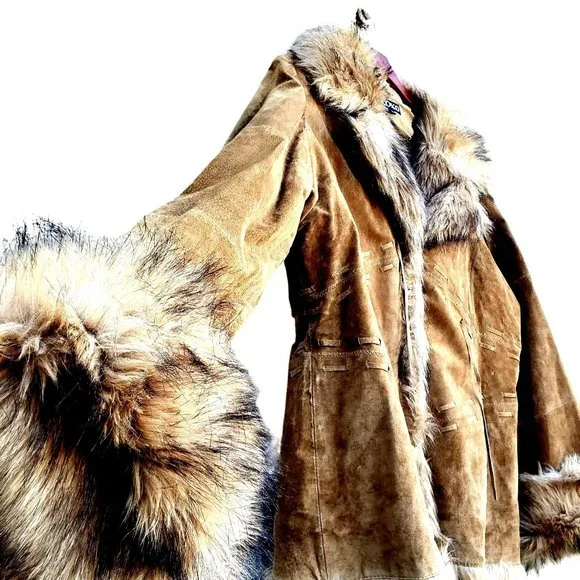 Vintage Y2K 90s Suede Coat L XL Penny Lane XOXO Faux Fur Collar - Picture 2 of 12